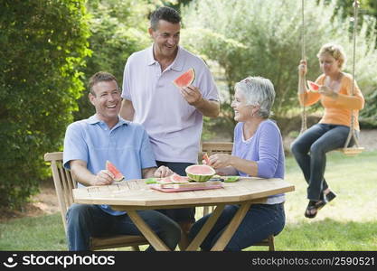 Two mature couples in a lawn