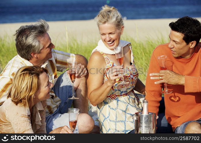 Two mature couples sitting on the beach and holding champagne flutes