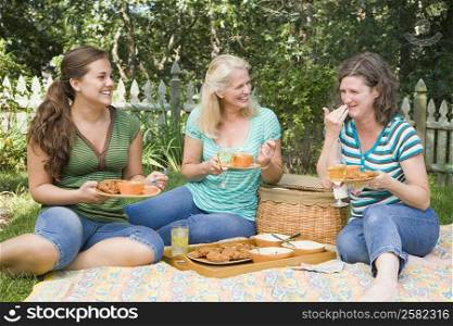 Two mature women and a young woman having picnic in a park