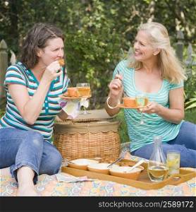 Two mature women having picnic in a park