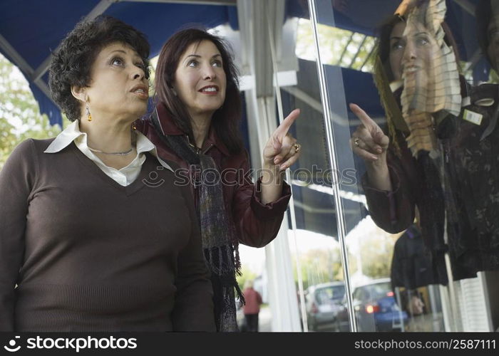 Two mature women looking at window display