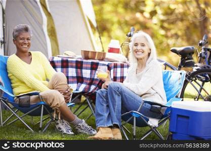 Two Mature Women Relaxing On Camping Holiday