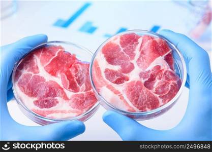 Two meat s&les in laboratory Petri dishes. Lab meat test concept.