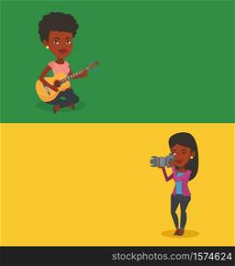 Two media banners with space for text. Vector flat design. Horizontal layout. African-american photographer working with digital camera. Photographer taking a photo Young photographer taking a picture. Two media banners with space for text.