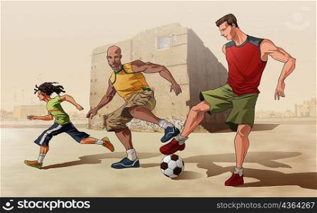 Two men and a woman playing soccer in a field