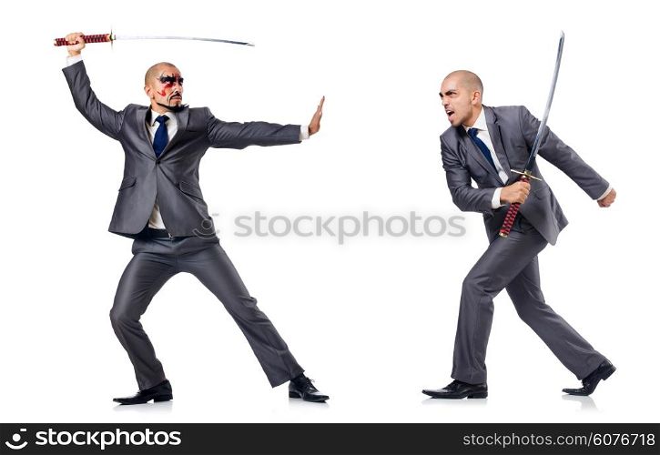 Two men figthing with the sword isolated on white