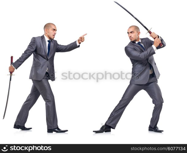 Two men figthing with the sword isolated on white