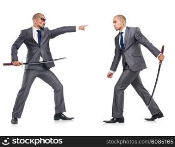 Two men figthing with the sword isolated on white