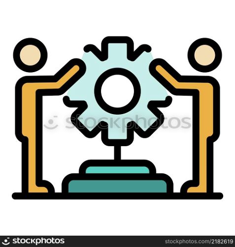 Two men holding cog icon. Outline two men holding cog vector icon color flat isolated. Two men holding cog icon color outline vector
