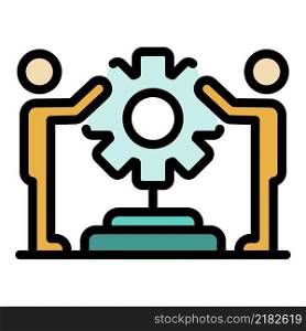 Two men holding cog icon. Outline two men holding cog vector icon color flat isolated. Two men holding cog icon color outline vector