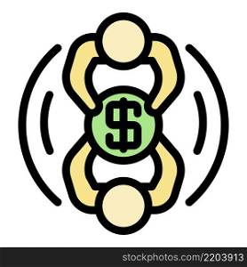 Two men holding dollar icon. Outline two men holding dollar vector icon color flat isolated. Two men holding dollar icon color outline vector