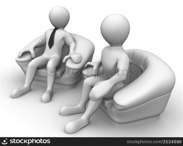 Two men is seated in a chair. Recruitment. 3d