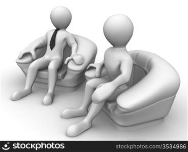 Two men is seated in a chair. Recruitment. 3d