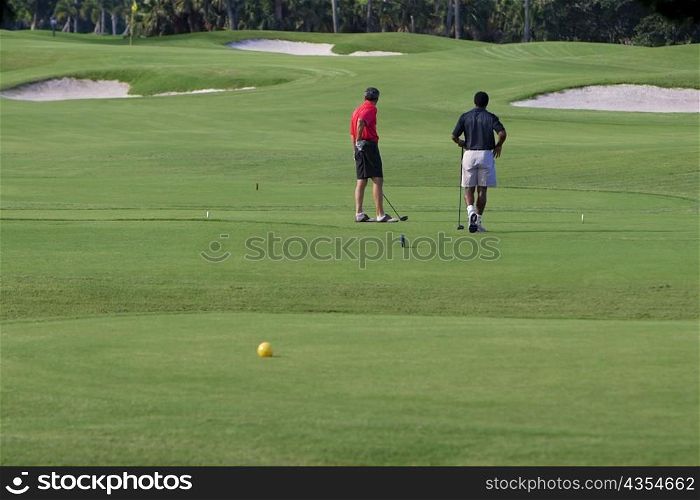 Two men playing golf in a golf course