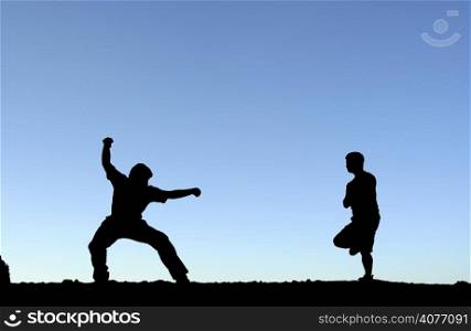 Two men practicing martial arts, in silhouette