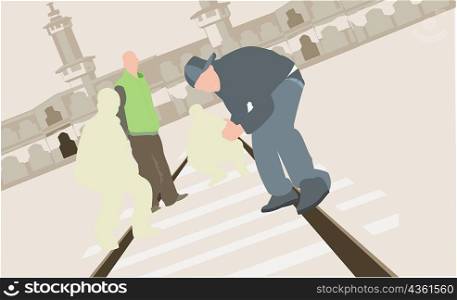 Two men standing at a railroad track