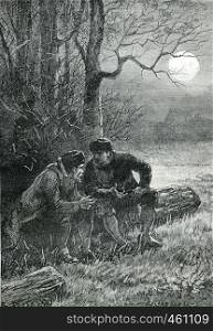 Two men talking about life. From Jules Verne Cesar Cascabel, vintage engraving, 1890.