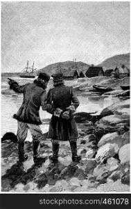 Two men were talking to the extremity of the port, vintage engraved illustration. Jules Verne Cesar Cascabel, 1890.