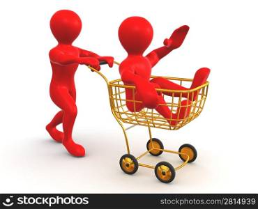 Two men with consumer&acute;s basket. 3d