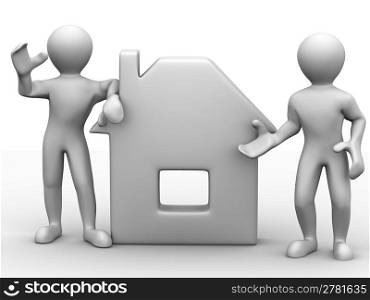 Two men with sign home. 3d