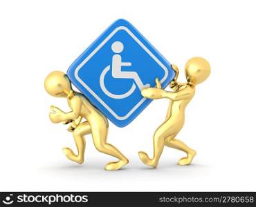 Two men with sign wheelchair on white isolated background. 3d