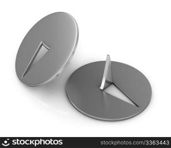Two metal thumbtacks closeup isolated on white background