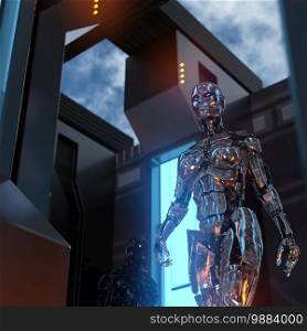 Two metallic cyborgs in a futuristic room - 3d rendering. Two metallic cyborgs in a futuristic room