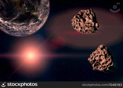 Two meteors running in the starry sky, toward the planet Earth, before an imminent catastrophe. Elements of this image furnished by NASA
