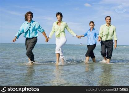 Two mid adult couples wading on the beach and holding hands of each other