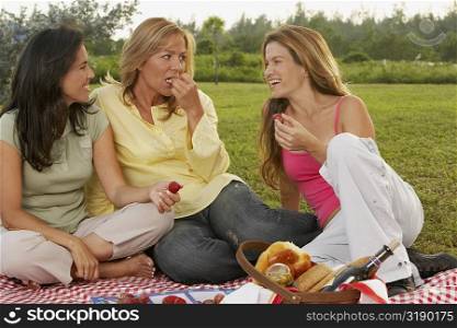 Two mid adult women and a mature woman at a picnic