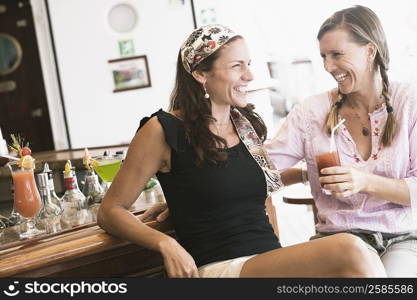 Two mid adult women sitting at a bar counter and smiling