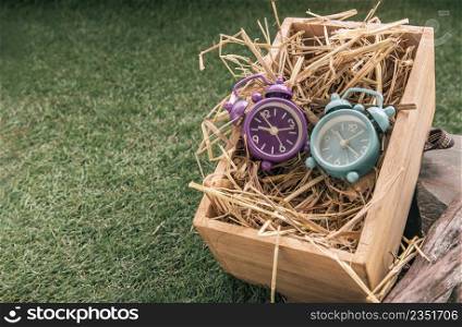 Two mini alarm clock on straw background in wooden box. Gift concept of beginning for couple&rsquo;s new day, Copy space, Selective focus.