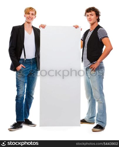 Two modern teenagers holding blank billboard. Isolated on white&#xA;