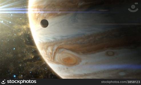 Two moons pass in front of Jupiter, with it&#8217;s swirling storms and changing atmosphere. Includes lens flare, nebulas in the background, and &#8220;red spot&#8221; storm.See my portfolio for more quality space animations. Texture maps and space ima