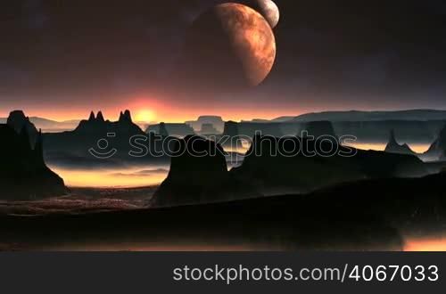 Two moons slowly rotate against a dark starry sky. Over the hazy horizon rises bright white sun. Beneath the rocky alien landscape, crumbling cliffs and hills. In the lowlands of thick yellow, glowing fog. The camera flies slowly over a surreal landscape.