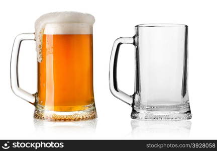 Two Mugs beer with cap of foam and Empty isolated on white background