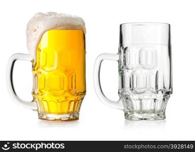 Two Mugs beer with cap of foam and Empty isolated on white background