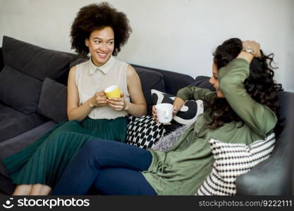 Two multiracial young women chatting and drinking coffe in rhe living room