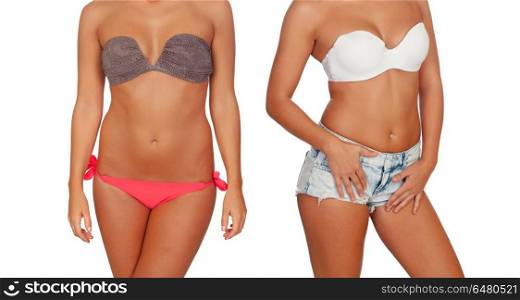 Two nice female bodies with bikini. Two nice female bodies with bikini isolated on a white background