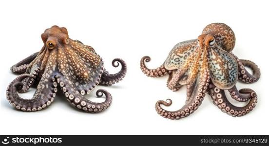Two octopuses. Sea animals, isolated on white background. Collection of ocean inhabitants. Marine life. Undersea creatures. Underwater wildlife. Beautiful octopus. Generative AI. Two octopuses. Sea animals, isolated on white background. Collection of ocean inhabitants. Marine life. Undersea creatures. Underwater wildlife. Beautiful octopus. Generative AI.