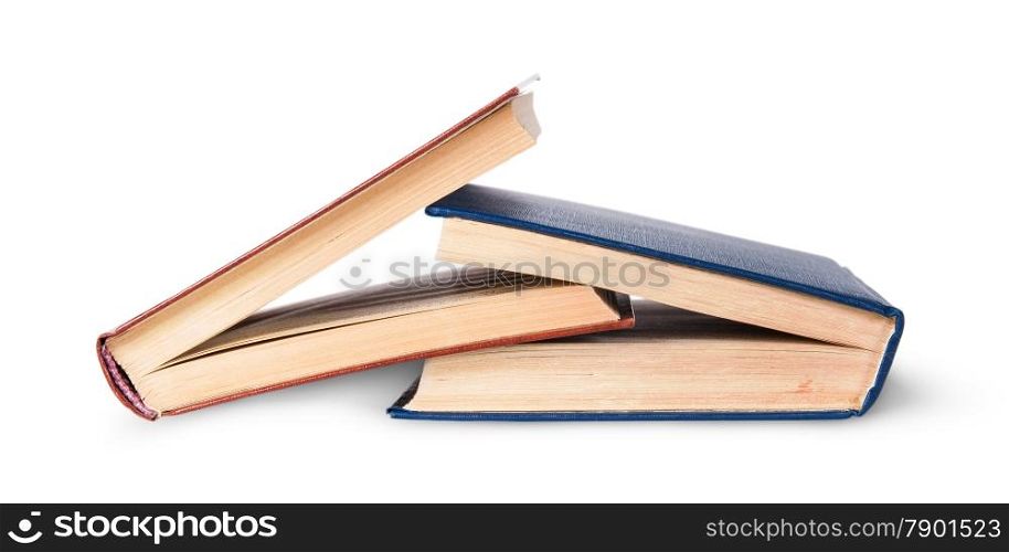 Two old books imbedded in one another isolated on white background