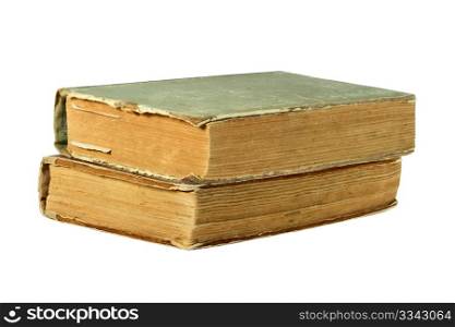 Two old closed books. Isolated on white background. Close-up. Studio photography.
