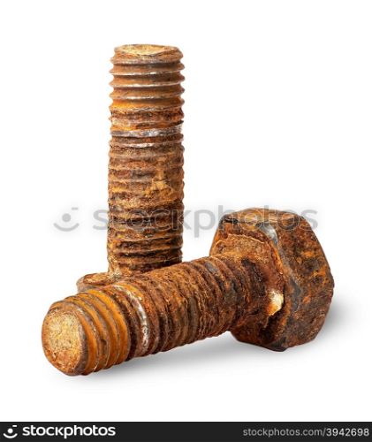 Two old rusty bolts of each other isolated on white background