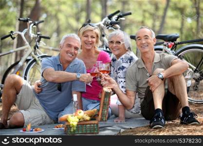 Two older couples enjoying a picnic in the woods