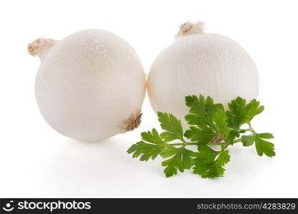 Two onions isolated on white background.