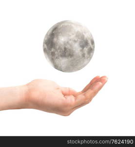 Two open hands hold full moon as conccept of future space program isolated on white background