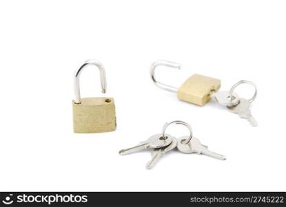 two open padlock with keys isolated on white background