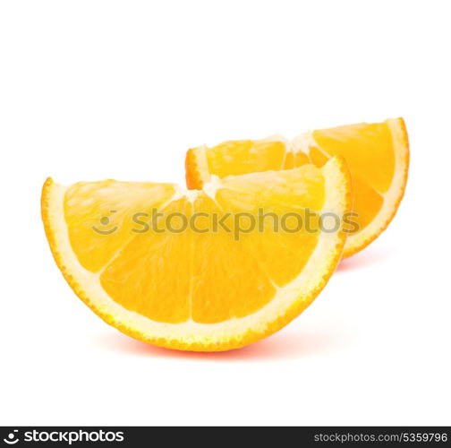 Two orange fruit segments or cantles isolated on white background cutout