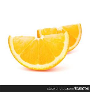 Two orange fruit segments or cantles isolated on white background cutout