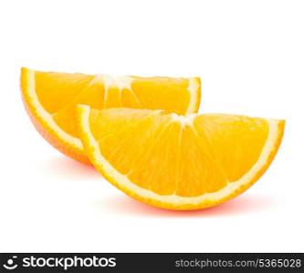 Two orange fruit segments or cantles isolated on white background cutout